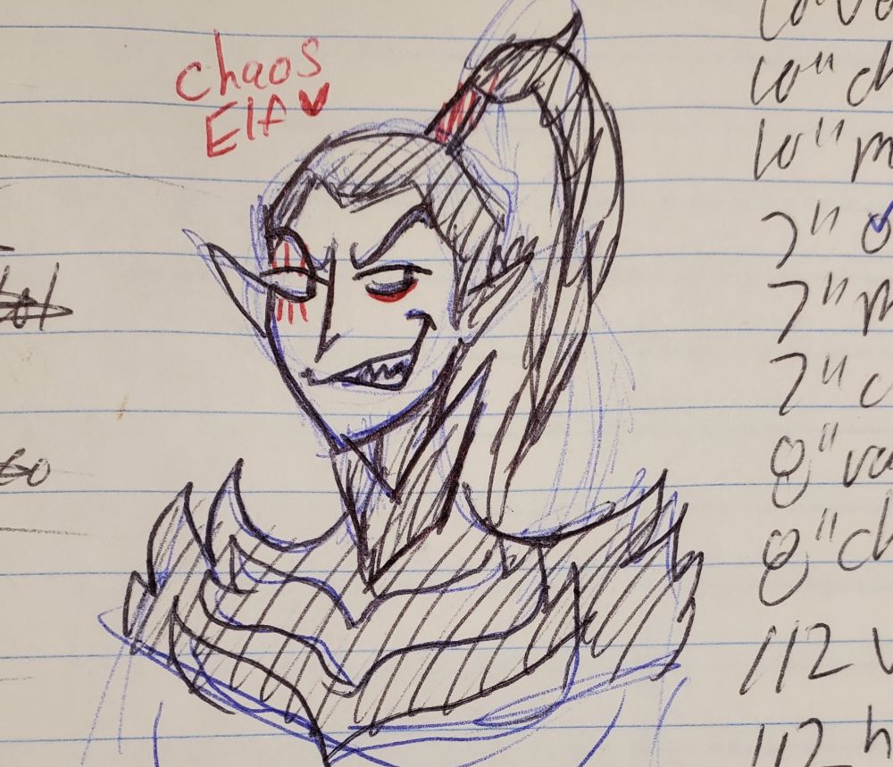 A messy pen doodle of Marazhai from Warhammer Rogue Trader. He is labled as chaos elf.