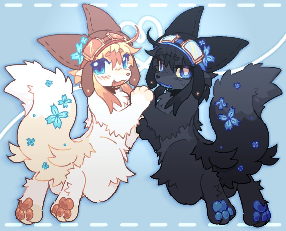 digital drawing of two kemono styled foxes wearing pilot hats. they are holding each other's paws and looking at the viewer. one is a very light red fox and the other is a silver fox. they both have blue eyes that match the clovers decorating their fur