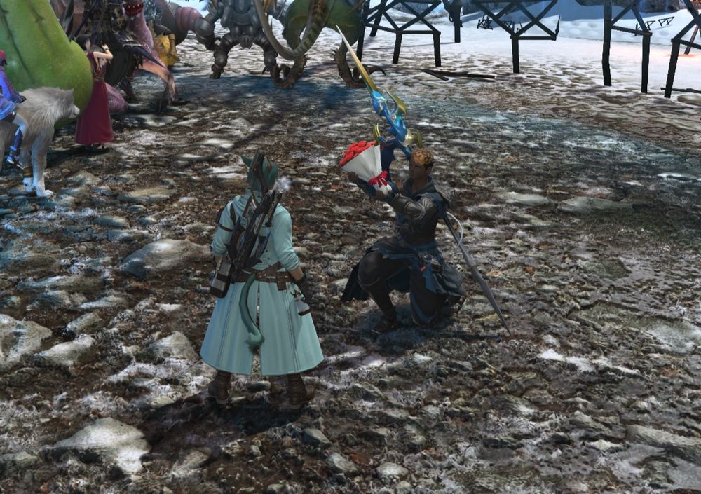 a beautiful Roe with orange hair and dark skin kneels, offering my Koana alt a bouquet of flowers