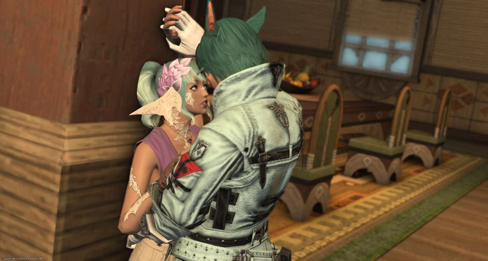 A different angle of the previous pose. This time we can see Ioj's face and her wide eyes as she stares up at him.