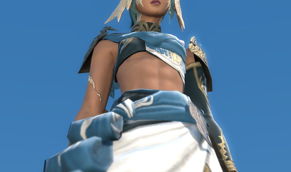close up of Iojrao's  midriff while wearing the Thaliak Chestwrap of Scouting. You can see a peek of underboob from certain angles (like this one, looking up at her from the ground)