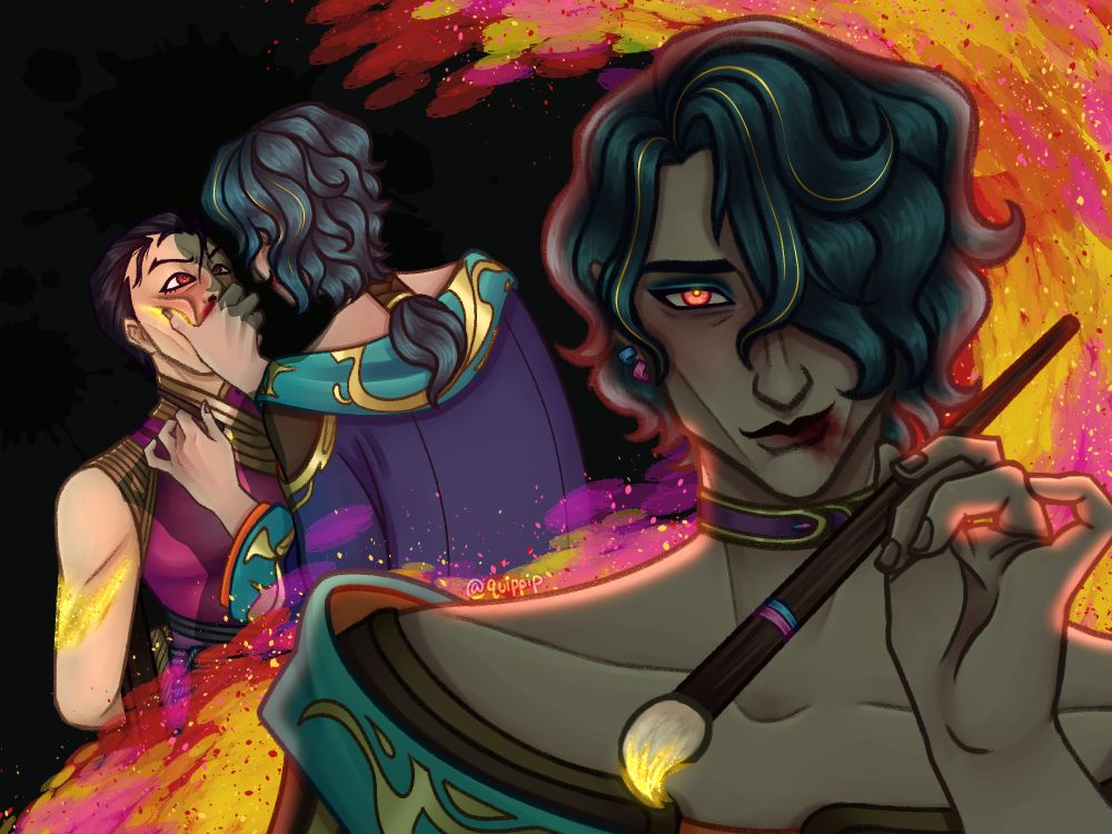 A digital drawing of Jhin and Hwei. On the right side of the picture, Hwei is shown shoulders-up in the foreground, in shadow from the light behind him, holding a paintbrush dipped in gold paint. He is blushing and smiling both smugly and fondly, and there is a smear of blood on his bottom lip. His eyes are a mix of red, pink, and gold. Behind him is a wave of paint in the same colors. On the left side of the picture are Hwei and Jhin. Jhin is not wearing his mask and is tied to a chair while Hwei grabs his face to make Jhin look up at him. Hwei is holding the same paintbrush in his other hand, and there are smears of gold paint on Jhin's arm and cheek. There is a smear of blood coming from Jhin's nose, and despite his furrowed eyebrows, he is also blushing.