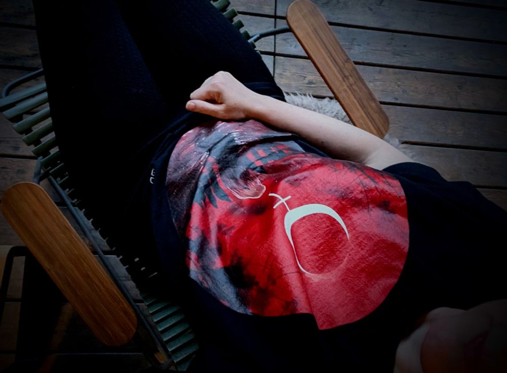 Ein Selfie auf einem Stuhl. Ich trage Leggins und ein T-Shirt mit rotem Bild der Band "In This Moment". Die Band benutzt oft Hexenmotive als symbolik.
