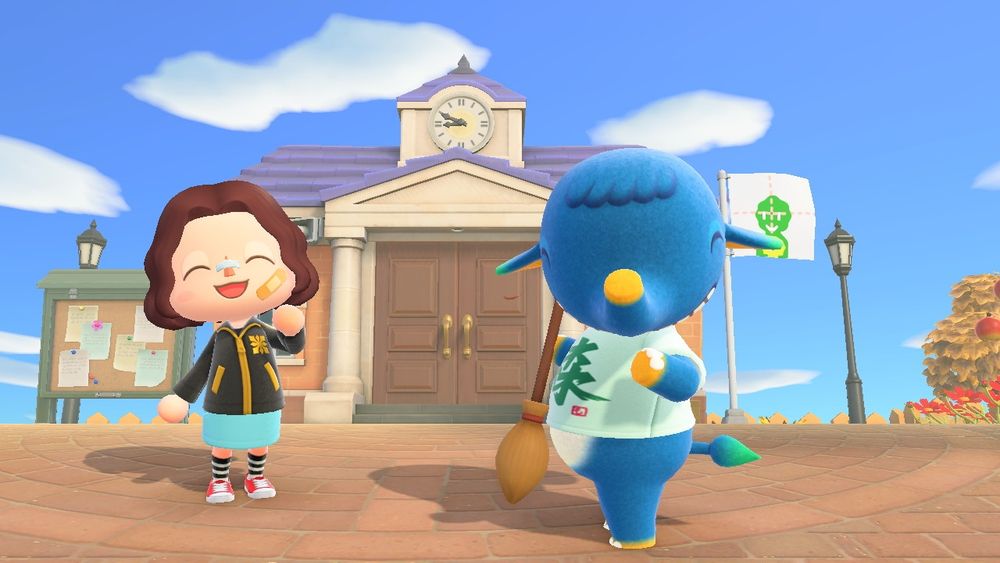 Animal crossing players character standing next to axel who is a blue elephant and is sweeping the floor next to the main building 