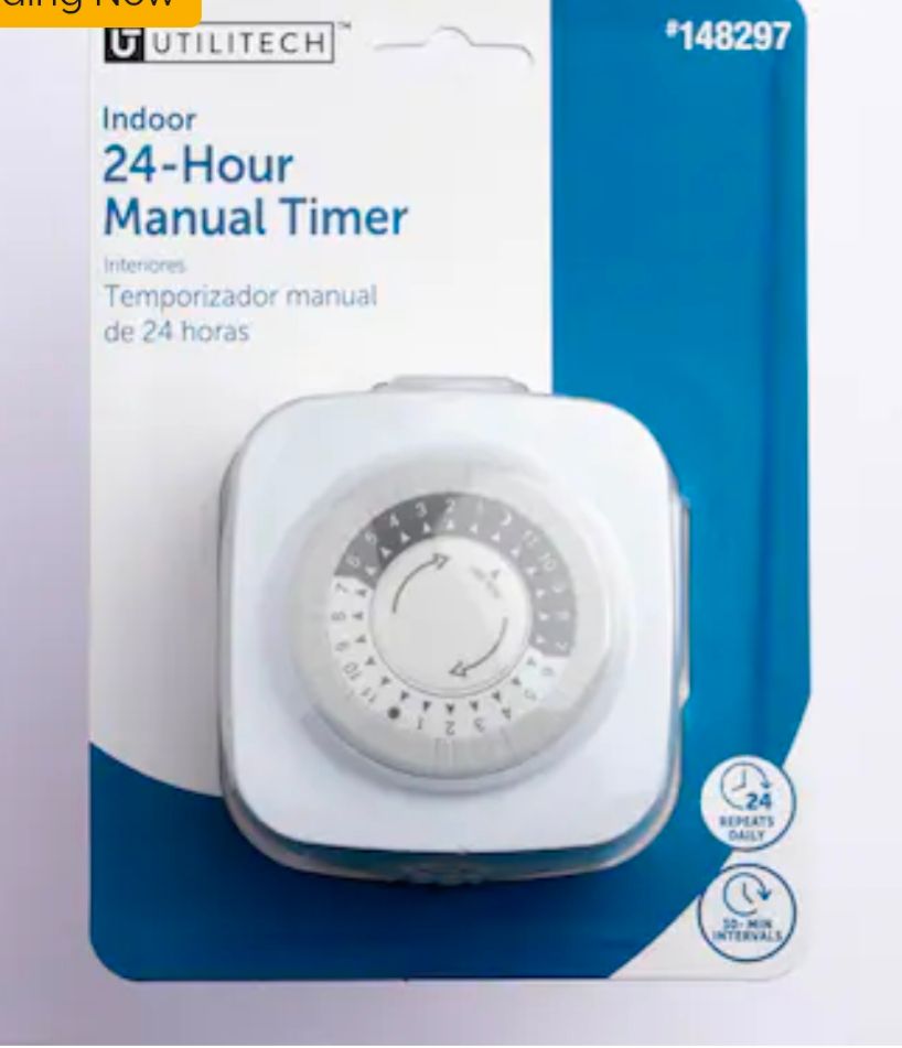 Utilitech #148297
Indoor
24-hour
Manual timer
Interiores
Temporizador manu
De 24 horas

*Analog timer still within packaging depicted*

Repeats
Daily
30-min
Intervals