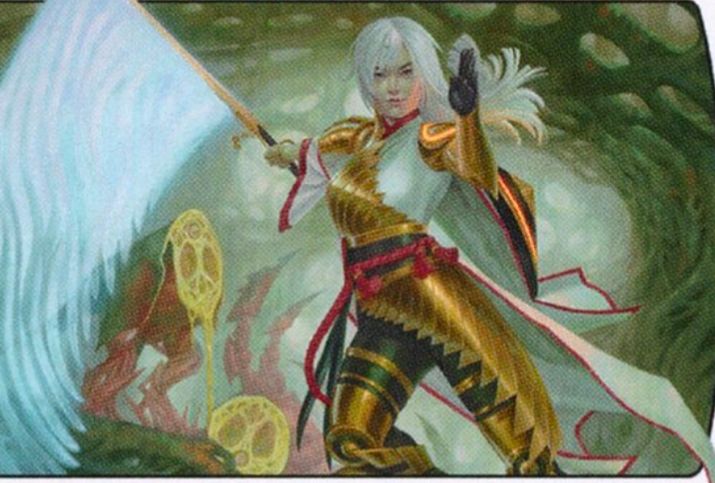 A woman with white hair and in armor sweeps her blade trailing blue light wherever it leaves. 

There are the bodies of monsters cleaved and hewn through showing the profile of their innards being sliced cleanly.