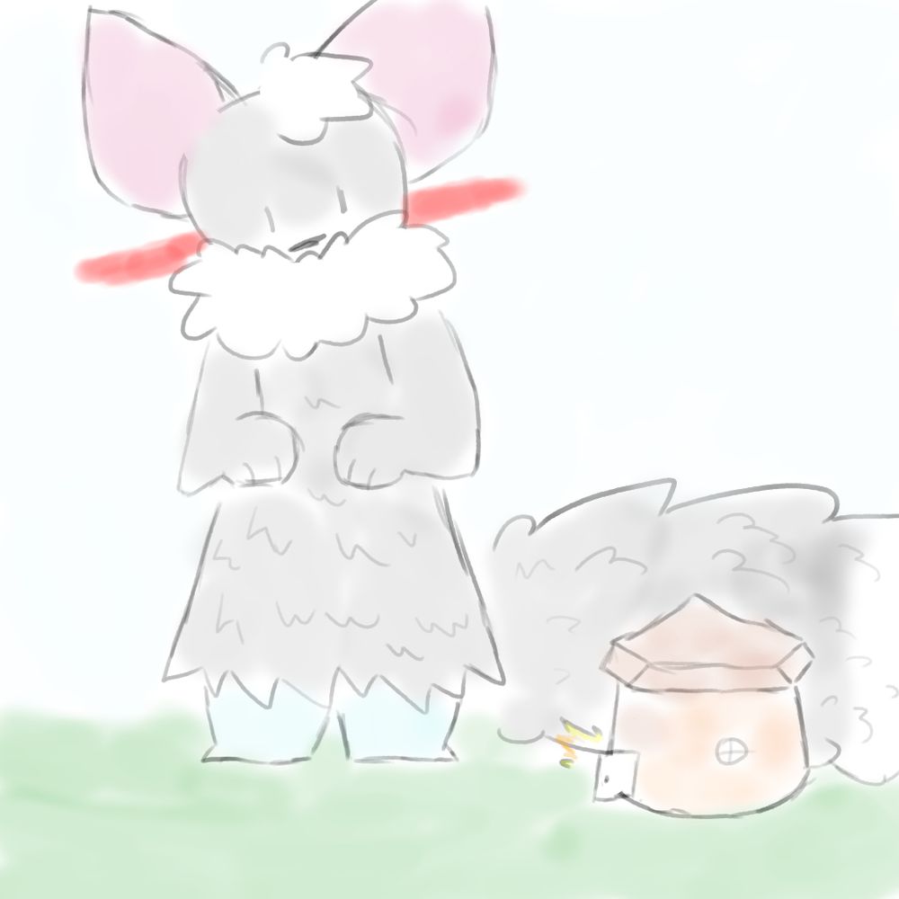 a giant blushing anthro fox stands to the left of a house. the door opens and the person who comes out is surprised by how huge they are.