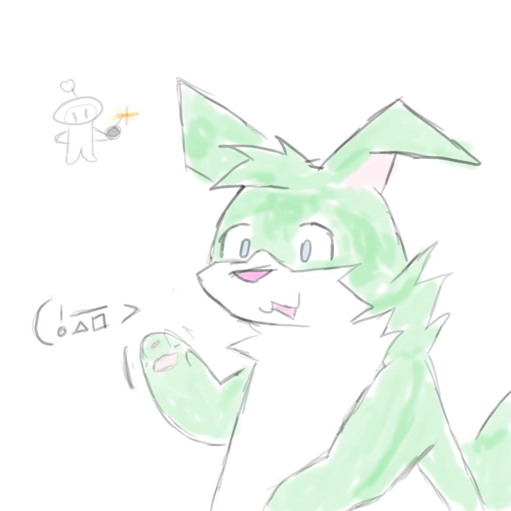 A green louie waves at the viewer, smiling. They say "hi!" /hai/
In the top left, there is also a bomberman with a lit bomb in his port hand.