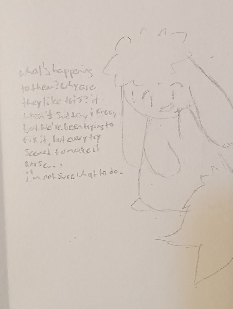 my headmate, with a worried expression. words to his left, they are some of his thoughts.
"what's happening to them? why are they like this? it wasn't sudden, i know, but we've been trying to fix it, but every try seemed to make it worse..."
"i'm not sure what to do."