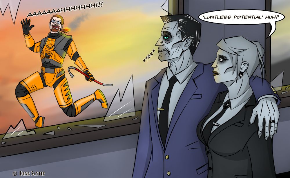 Artwork of a pale man and woman in suits, observing another man in a different room getting attacked by a fiery energy beam.