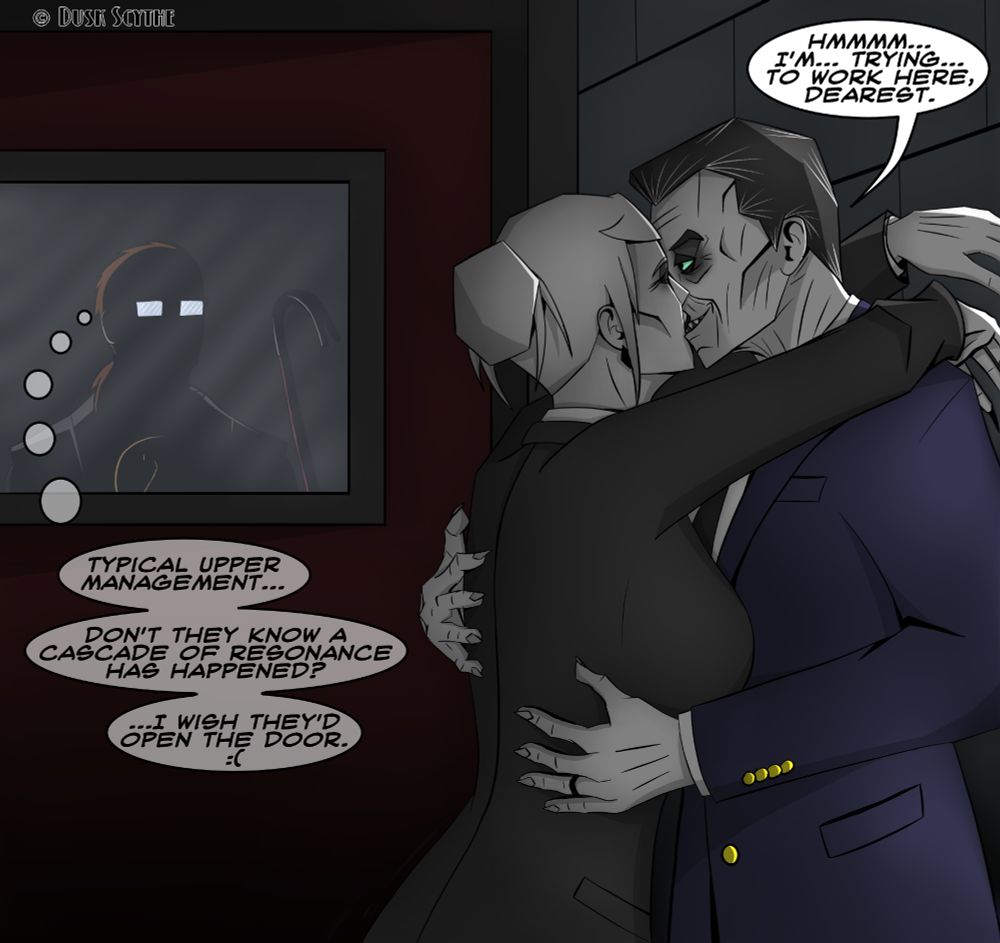 Artwork of a pale man and woman embracing, both are wearing business suits. Another man watches them from behind a door.