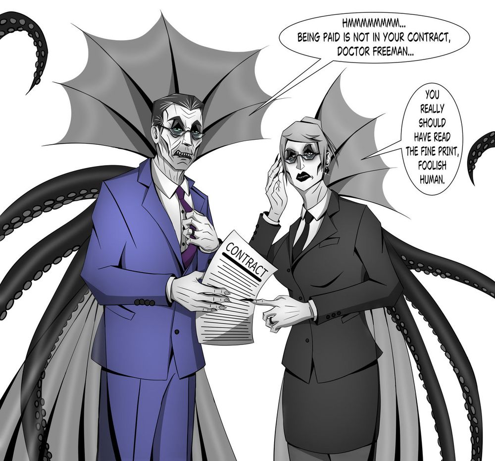 Artwork of a pale man and woman with fins and tentacles, both in business suits discussing a contract.