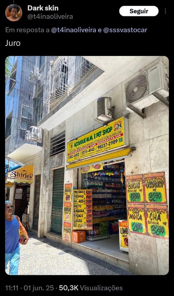 post dando continuidade na resposta onde a pessoa diz juro e apresenta a foto da fachada de um açougue e pet shop, com promoção de cortes em cartaz.