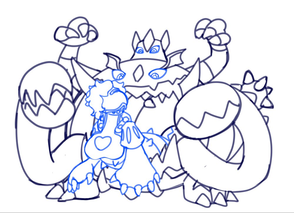 An illustration of an orca characters upper body attached to where the tongue would be of a Guzzlord (a monster from pokemon). This version swaps the positions of the Orca creatures eyes from the orcas head to the guzzlords head, leaving the orca face blank other than a mouth. The eyes are now looking down at the Orca creature from the Guzzlords face.