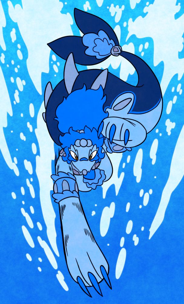An illustration of an original primarina (from pokemon) character in a downwards slashing pose. The character is looking at the viewer while in this pose. The background shows several streams of bubbles following the characters body and slashing motion.

There is a blue filter over the character to illustrate she is underwater.