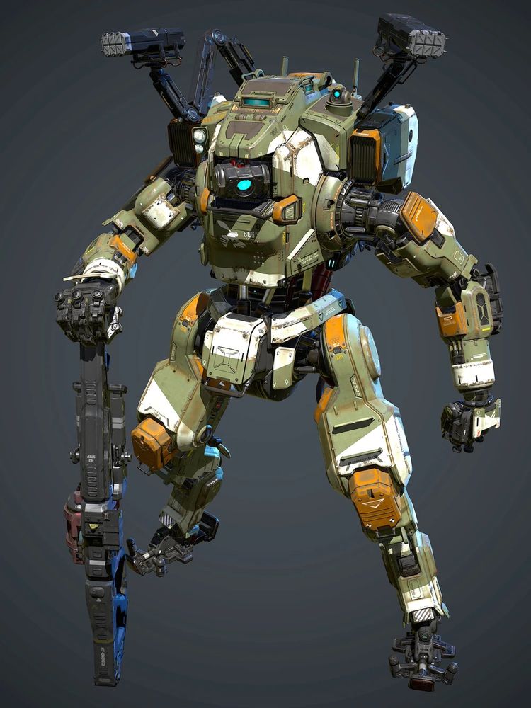 An image of Bt-7274, one of the main protagonists/characters from the Titanfall game series. He is standing with a wide stance and resting his right hand on top of an oversized gun resting on the ground.