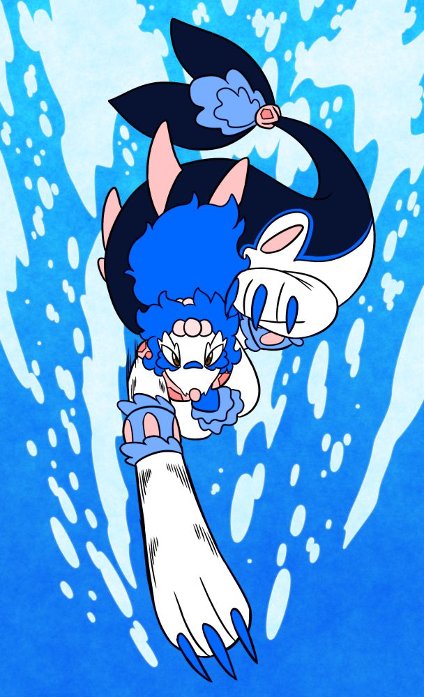 The same image as the previous, however it does not have the blue filter over the characters natural colors.

An illustration of an original primarina (from pokemon) character in a downwards slashing pose. The character is looking at the viewer while in this pose. The background shows several streams of bubbles following the characters body and slashing motion.