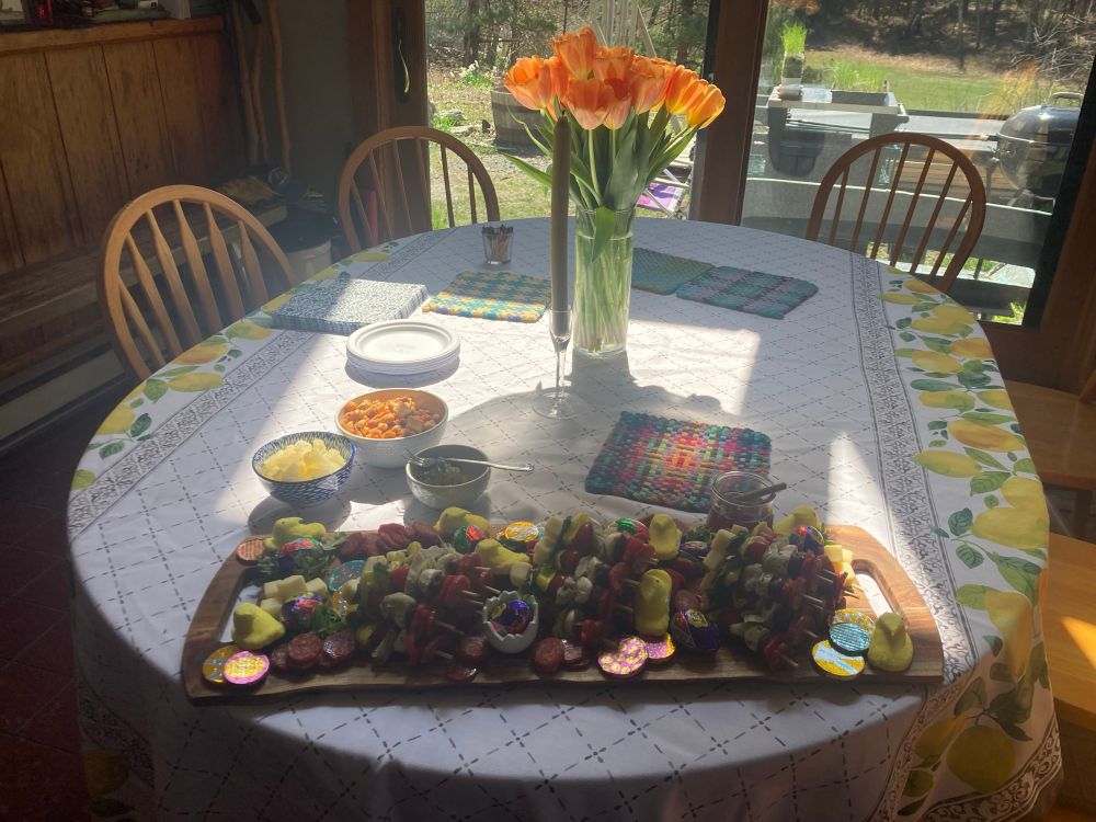 Charcuterie board with all the good stuff, including peeps and chocolate!