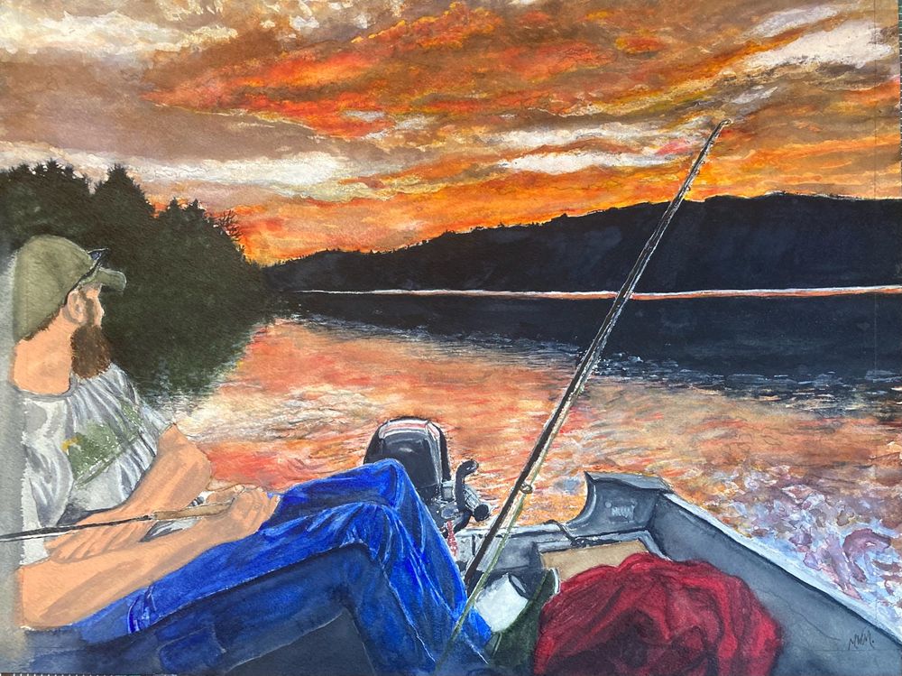 My latest watercolor painting. It is to be a gift for my son (pictured). Photo was taken last summer by my other son at a beautiful place in Maine that we go to as a family every summer.  