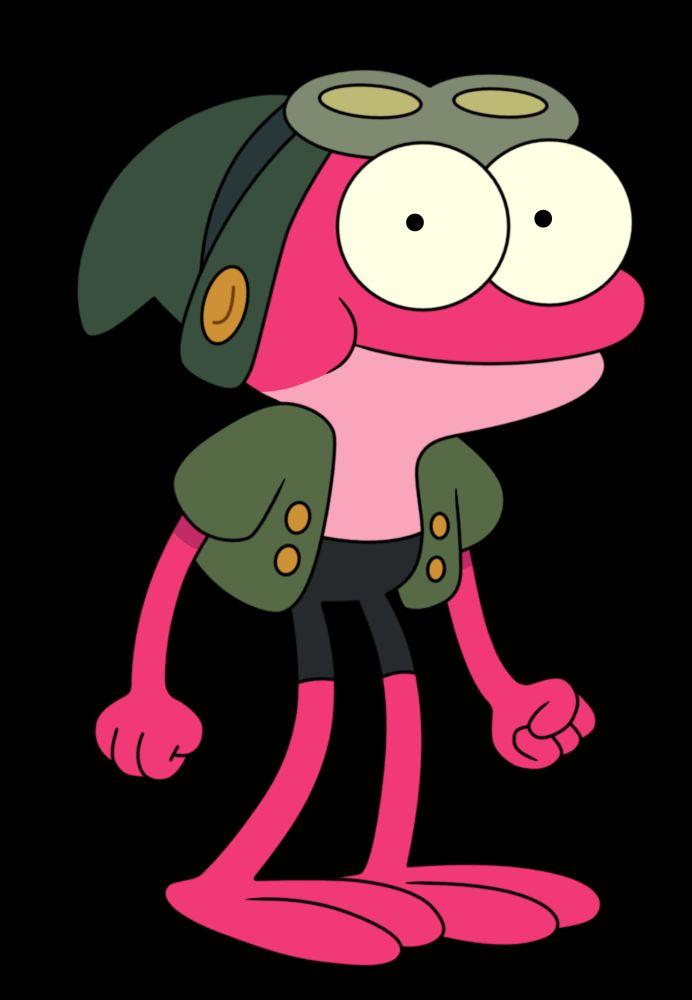 Sprig Plantar, a frog character from Amphibia who is pink, has a green hat, flight-like goggles, a green vest, and black pants (and is anthropomorphic)