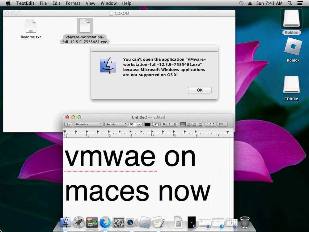 fool trying to run the vmware workstation windows installer on a mac osx vm, with a text editor open below reading "vmwae on maces now"