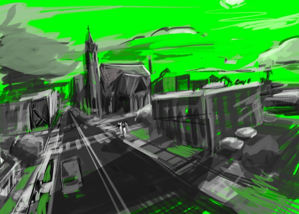 Loose Sketch of a coastal midwestern town done in greyscale and green