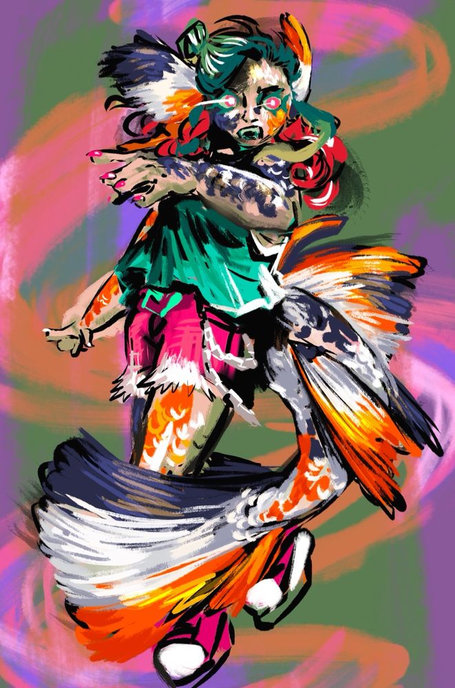 A person with koi fish fins for ears and a tail spinning around violently