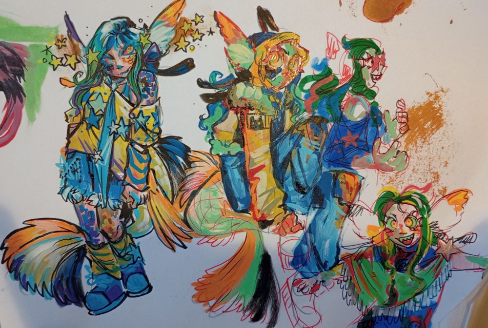 Multiple acrylic marker sketches of a person with fish fins for ears and a tail in various outfits