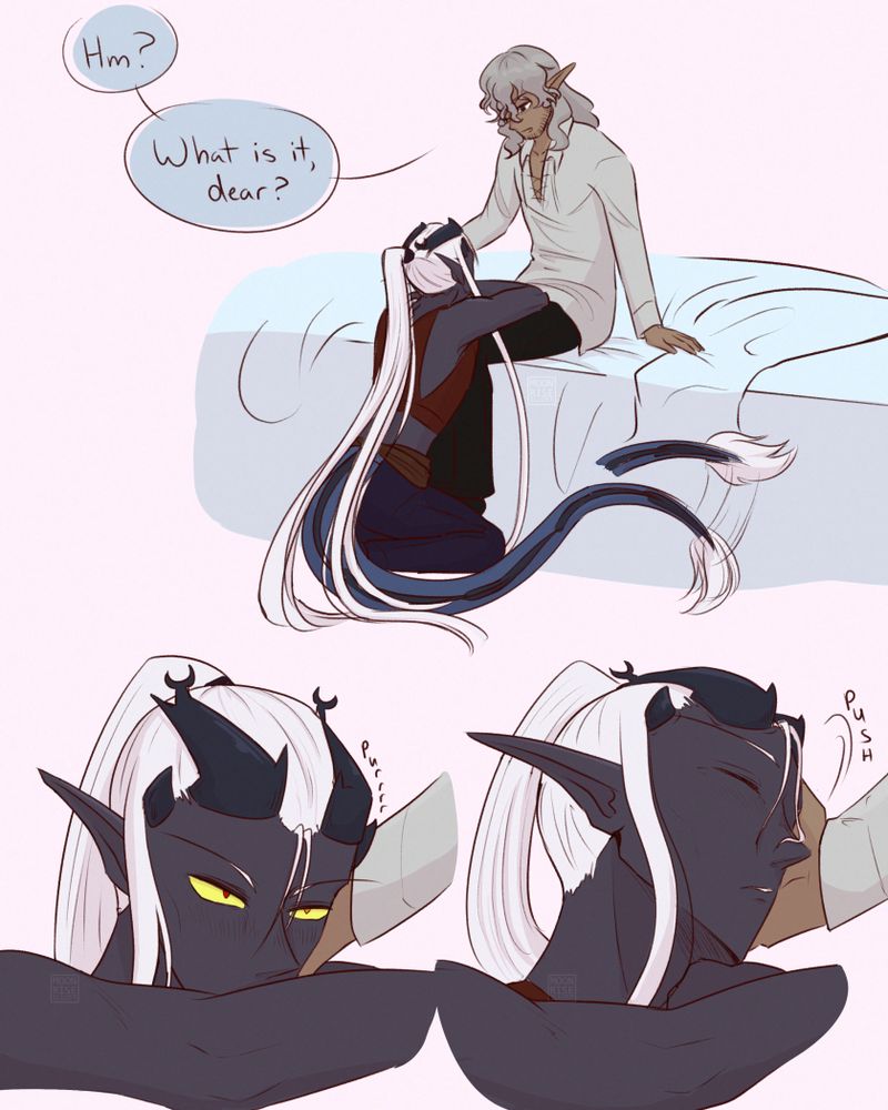 The first page of the comic has an old elf with long, wavy grey hair and simple clothes (Damon) sitting on a bed. A old drow with draconic features (Valko) is knelt down in front of Damon, resting against his legs with his arms and head against his thighs. "Hm? What is it dear?" Damon asks. The second image is a close up of Valko's face, purring and looking up at Damon as Damon rubs his hand against Valko's cheek. The third image shows Valko pushing his head against Damon's hand.