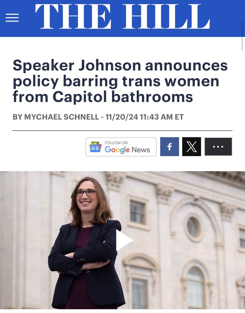 A screenshot of a news article from "The Hill". It covers the new policy barring trans women from Capitol bathrooms. 
