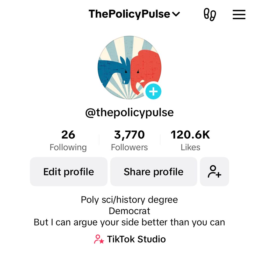 An image of a tik tok page labeled "the policy pulse" with a Republican elephant and a Democrat mule as the profile picture 