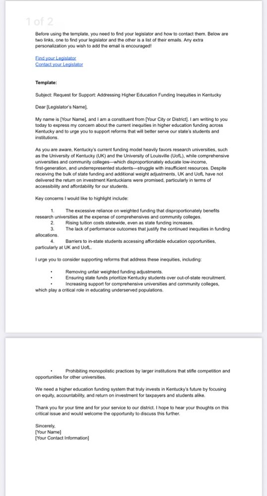 An email template for Kentuckians to contact their legislators to discuss changing the weighted funding system for Kentucky higher education