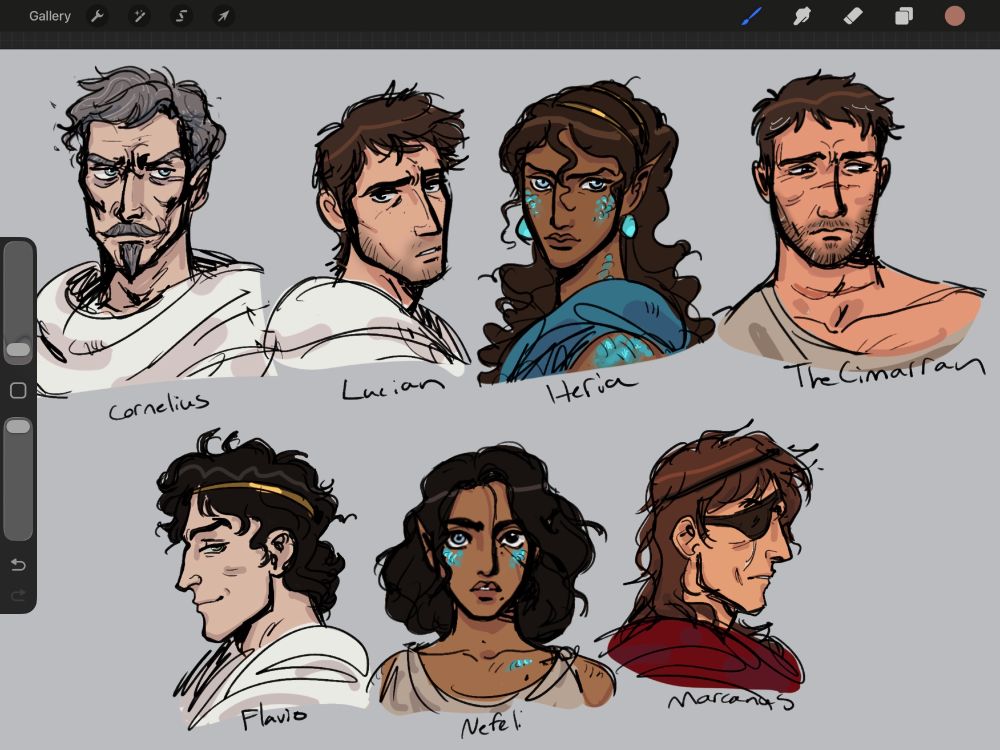 Colored sketchy busts. Left to right: a pale elderly man with gray hair, a mid-thirties man with brown hair and stubble, a woman with brown skin and blue fish scales on her face, a scarred man with tanned skin and stubble, a pale man with curly black hair and a gold circlet, a young nonbinary person with brown skin+black hair+fish scales on their face, a man with tanned skin and reddish-brown hair and an eyepatch.
