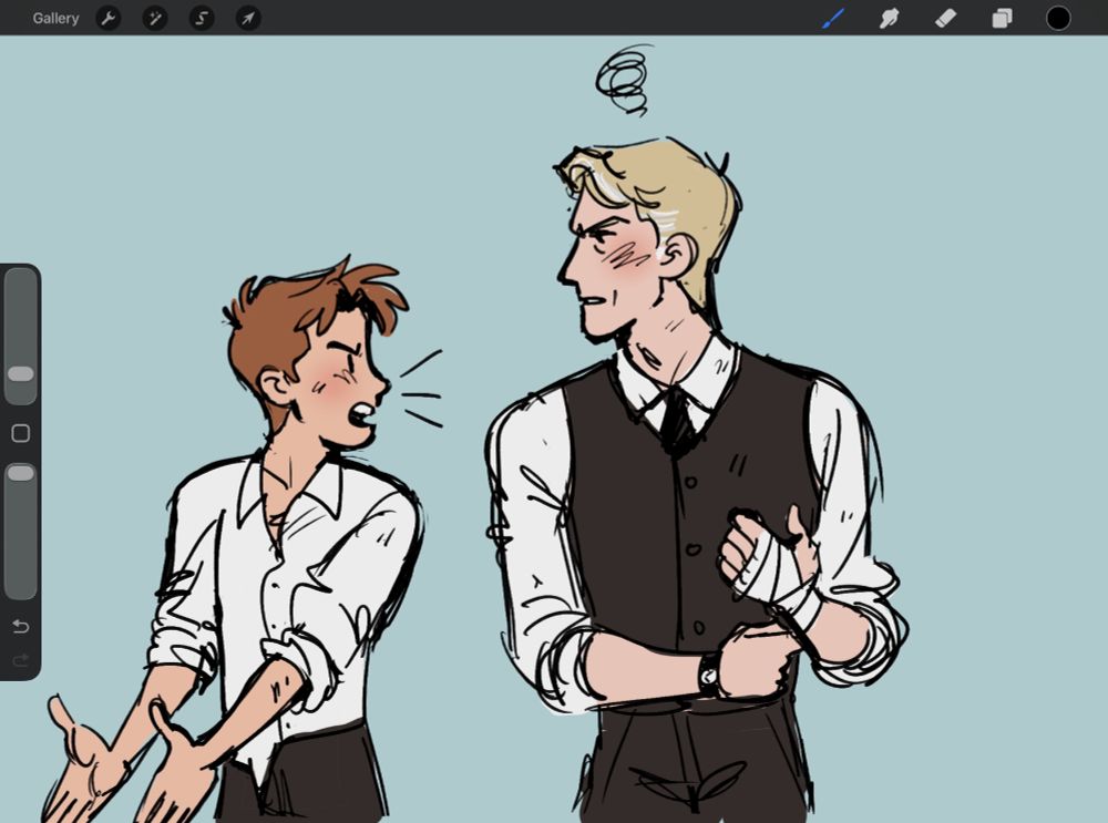 Two gentlemen--one younger and disheveled, one older and more put-together--argue against a blue-gray background.