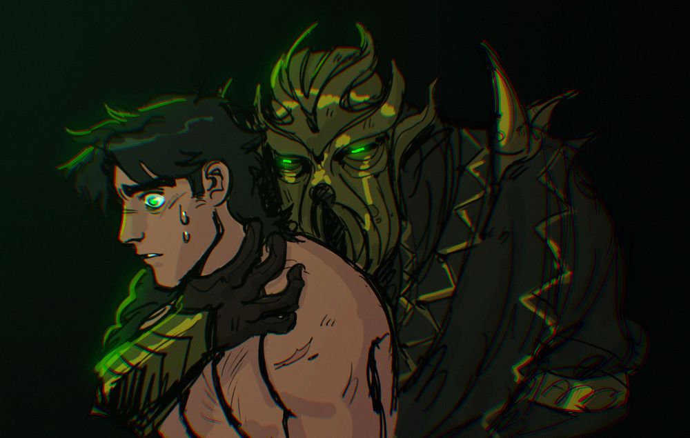 Miraak from TES: Skyrim leans in close behind a young man and grips his throat. Both of their eyes are glowing green.