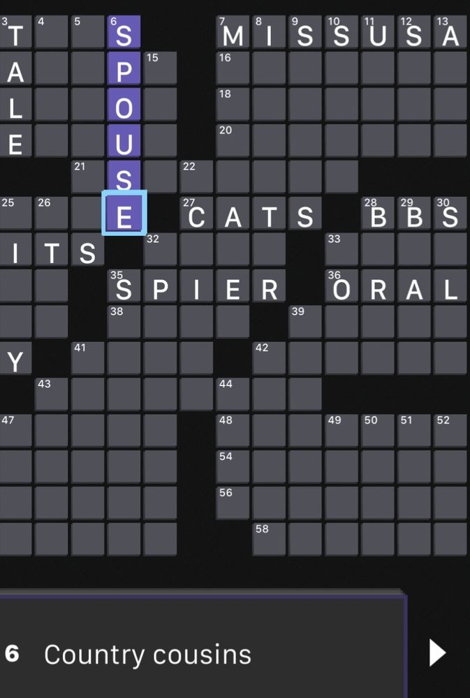 A crossword. 6 down is 6 letter word for "country cousins" with the crossword filled in with the word "spouse"