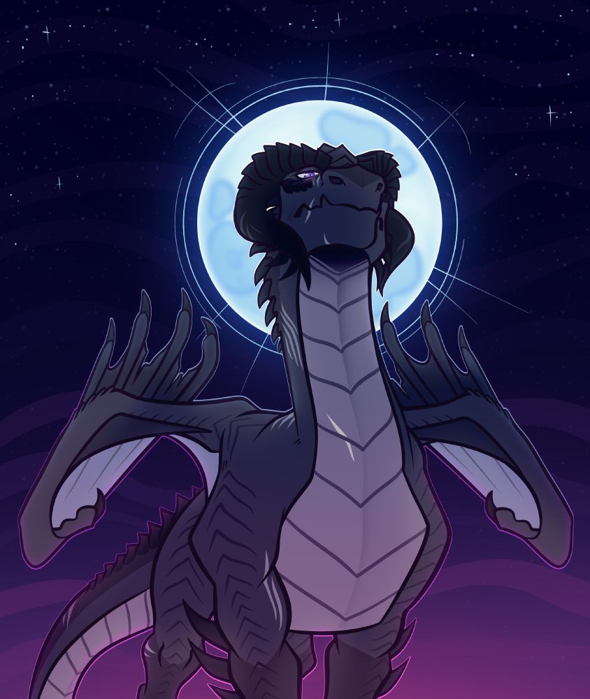 Ares standing imposingly, full moon hanging in the sky behind his head