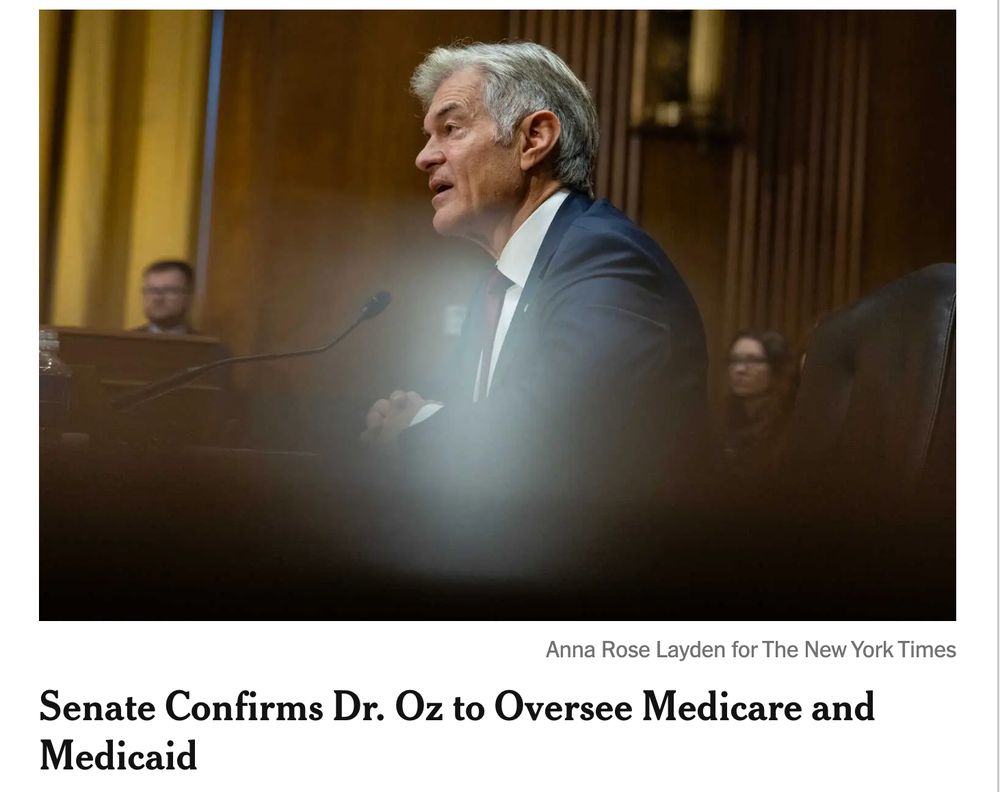 The image is from the NY Times and shows Dr. Oz at a senate hearing and the headline reads"Senate Confirms Dr. Oz to Oversee Medicare and Medicaid