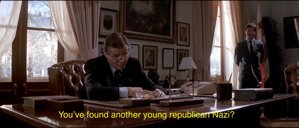The image shows one of the final scenes from "The Hunt for Red October" when the Russian ambassador is asked "Andre, you've lost another submarine?"  The caption here reads:  "You've found another young republican nazi?
