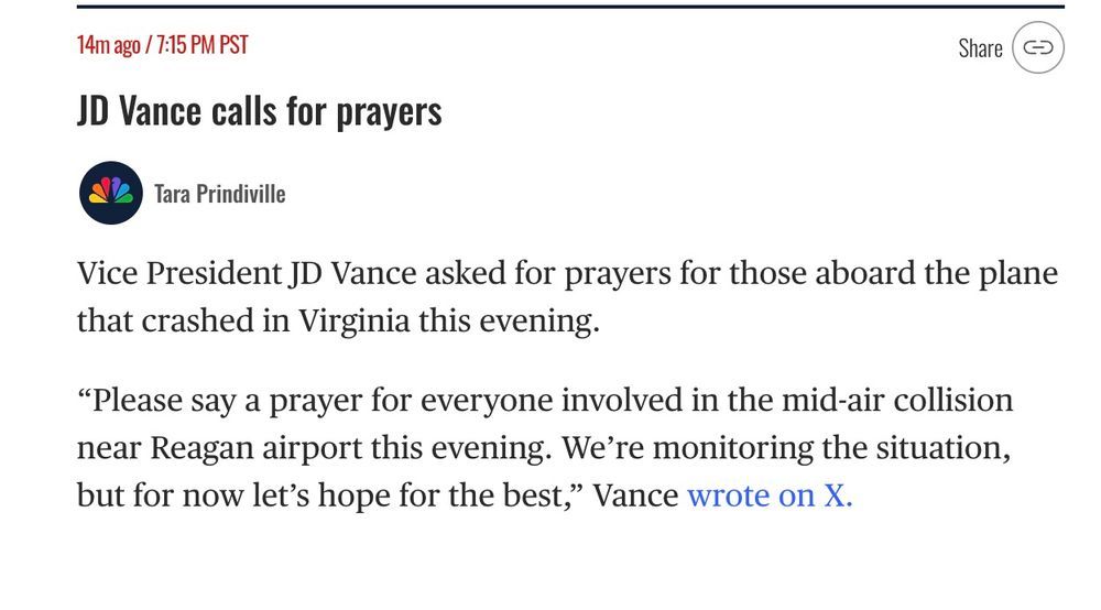 The image is a short article from NBC news headlined:  "JD Vance calls for prayers" by Tara Prindiville, who writes, "Vice President JD Vance asked for prayers for those aboard the plane that crashed in Virginia this evening."