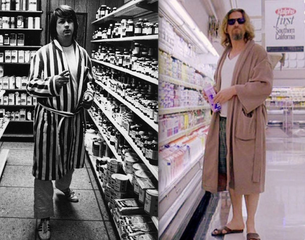 The image compares Brian Wilson in his bathrobe in the food and vitamin shelves at his Radical Radish health food store and Jeff Bridges in his bathrobe as the Dude next to the aisles in a Ralph's supermarket in LA.  