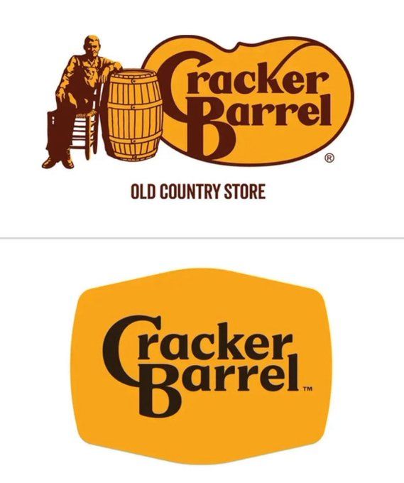 the image shows the old cracker barrel vs. the new one that has removed the old man and the barrel and just leaves the logo.