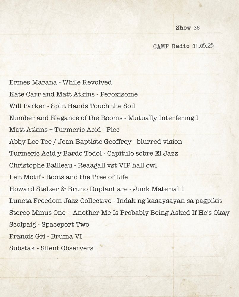 Tracklist:

Ermes Marana - While Revolved
Kate Carr and Matt Atkins - Peroxisome
Will Parker - Split Hands Touch the Soil
Number and Elegance of the Rooms - Mutually Interfering I
Matt Atkins + Turmeric Acid - Piec
Abby Lee Tee / Jean-Baptiste Geoffroy - blurred vision
Turmeric Acid y Bardo Todol - Capítulo sobre El Jazz
Christophe Bailleau - Reaagall vst VIP hall owl
Leit Motif - Roots and the Tree of Life
Howard Stelzer & Bruno Duplant are - Junk Material 1
Luneta Freedom Jazz Collective - Indak ng kasaysayan sa pagpikit
Stereo Minus One -  Another Me Is Probably Being Asked If He's Okay
Scolpaig - Spaceport Two
Francis Gri - Bruma VI
Substak - Silent Observers