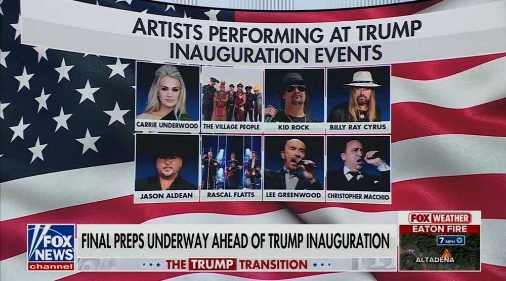 Fox News Graphic: Headshots of artists performing at inauguration events: Carrie Underwood, The Village People, Kid Rock, Billy Ray Cyrus, Jason Aldean, Rascall Flatts, Lee Greenwood & Christopher Macchio