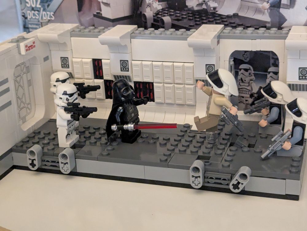 Lego "Boarding the Tantive IV" 75387 502 pcs. This was a fun one. It is the scene in "A New Hope" Lego Vader, force choking Lego Captain Antilles