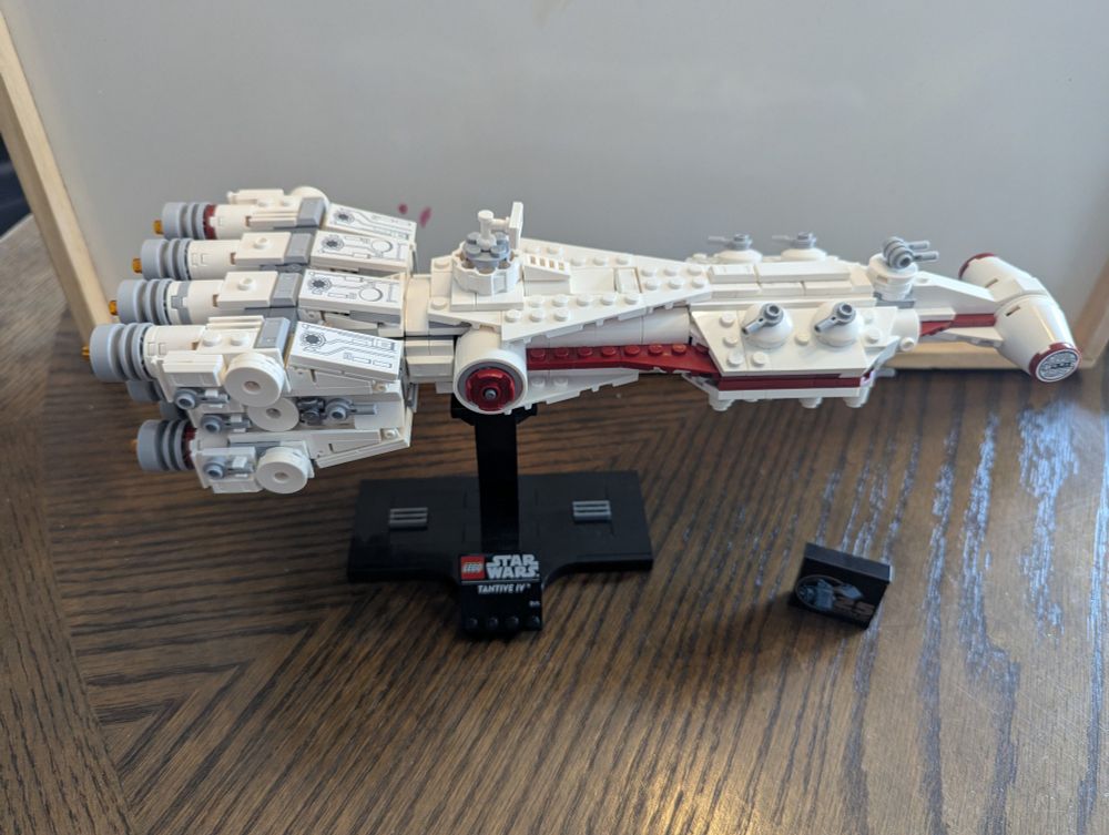 Tantive IV 73576 654 Pcs. Two cool Easter eggs. Minimalist Leia, R2 and C3PO inside. Giving the "Help me Obi Wan" message to R2. And there is a missing escape pod