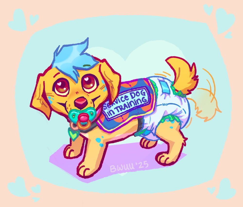 Alt-Text:
A golden retriever puppy with blue hair and blue spots, wearing a basketball themed therapy vest. 

It says: “Service Dog in Training.”

In this version they’re also wearing a diaper and a pacifier.

The image just has an additional blue/ orange with hearts background.
