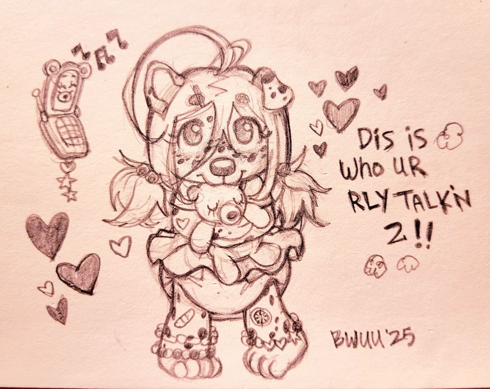 Alt-text:
Little samoyed puppy girl holding her stuffed bear, looking at you adorably. She's wearing a dress, has pigtails, and a very poofy diaper.

She's surrounded by hearts and a baby play phone.

The text reads:
"Dis is who ur rly talkn 2!!"
