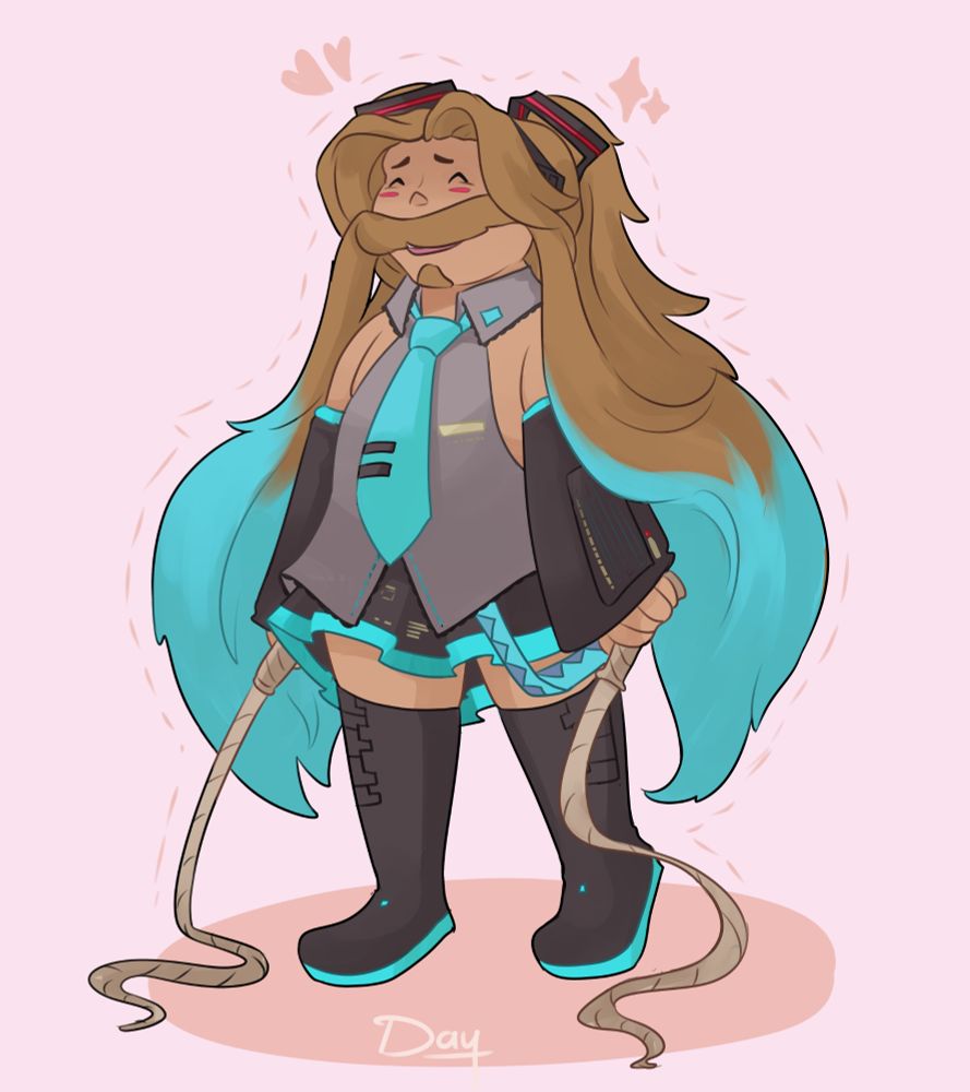 Chibi drawing of Jack with an eggregiously long mustache and pigtails with blue ends. He's in a Hatsune Miku outfit holding two whips in front of a pastel pink background