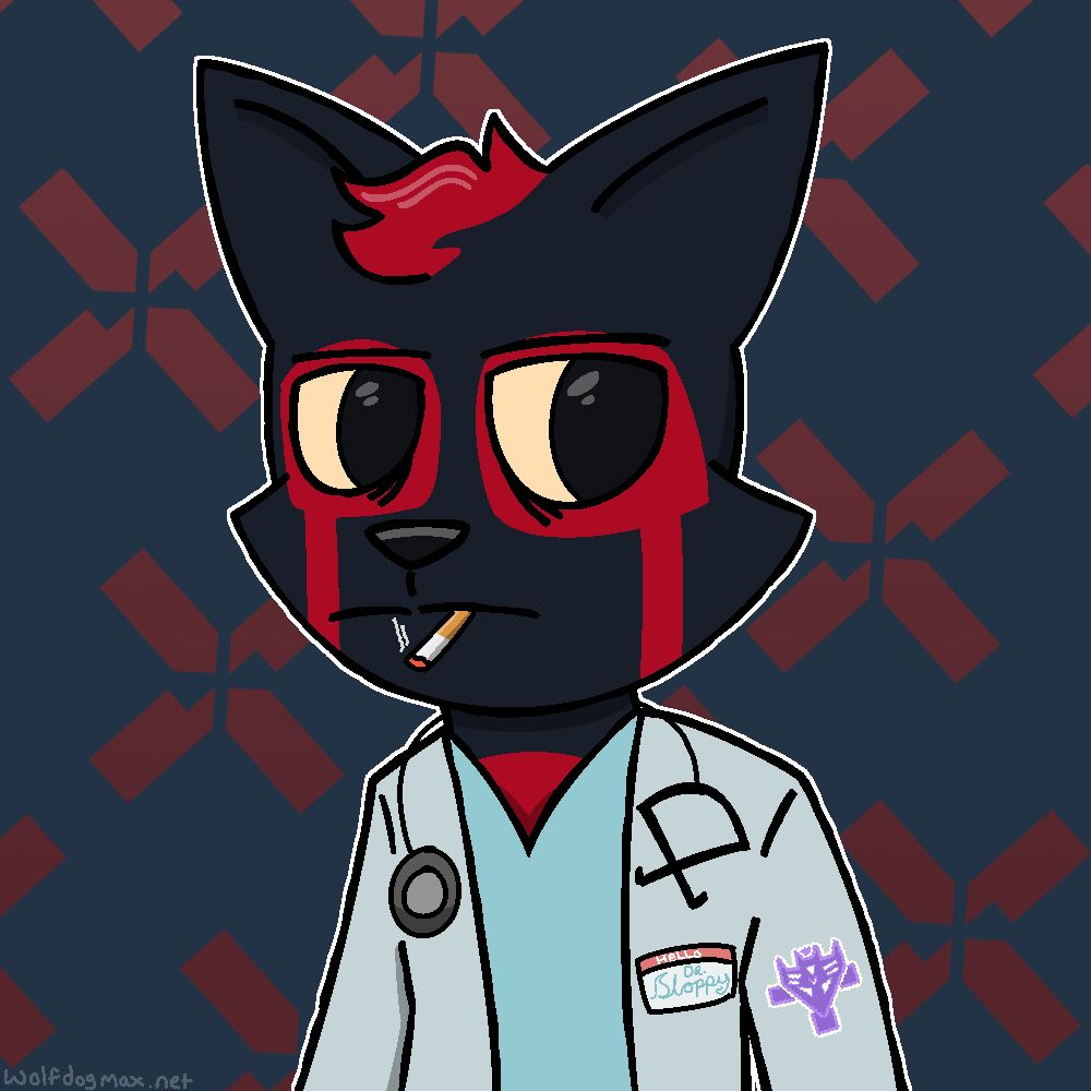 artwork of an anthro animal with black and red fur, dressed in a doctor's uniform having a smoke